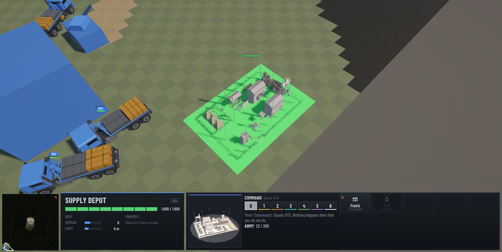 A supply depot compound selected, its command card offering supply or fuel