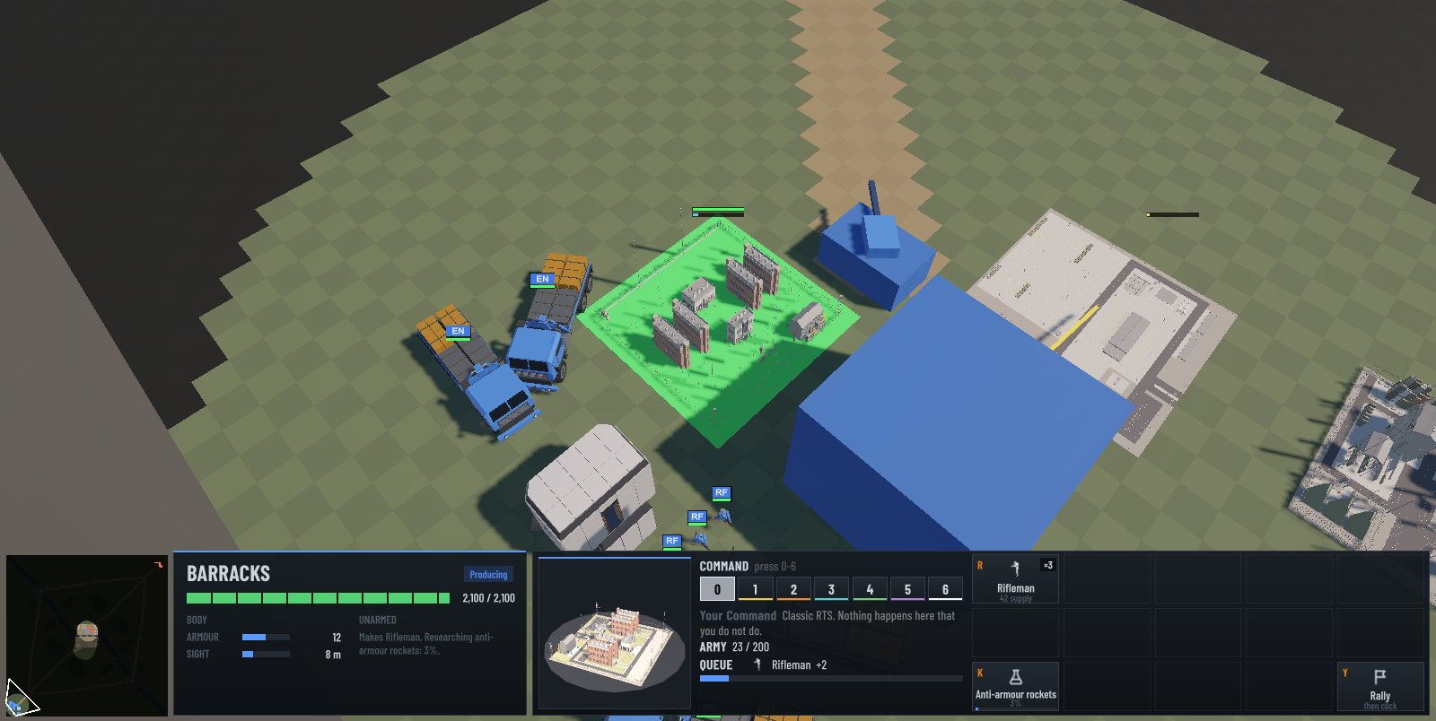 A human base: the barracks selected and researching anti-armour rockets, the motor pool, the HQ and supply trucks