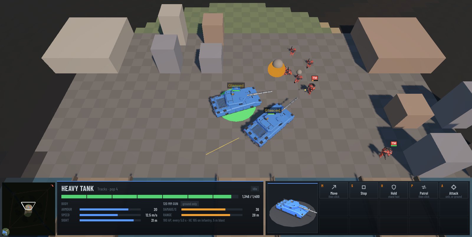 Two human heavy tanks by a bridge in the city, Glanced over one where a hit did the least a hit can do, terminators coming on, the selected tank's card showing its armour and what its gun does
