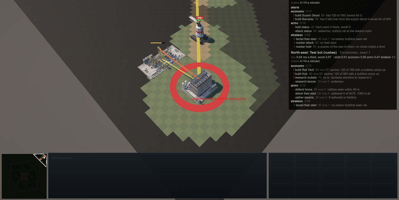 A Cerebrate base from above: a data centre, rail yards with container stacks and gantry cranes, and a hub going up, joined by power lines