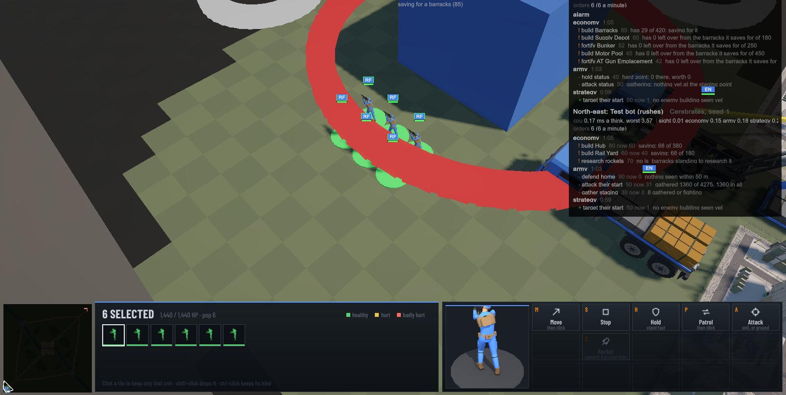 Six riflemen jogging across open ground, selected, each with a small blue marker over him, the command card showing the rocket button