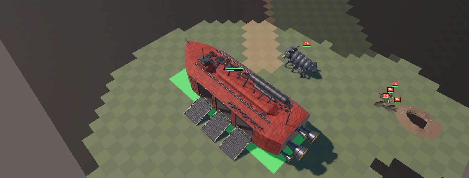 A Bets spawner ship landed on six legs, its side ramps down, with space cows nearby