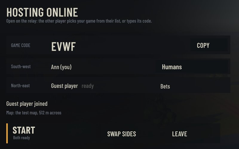 The lobby of a game hosted online: the four-letter game code at the top with a Copy button, the host in the south-west as the Humans, a guest in the north-east as the Bets marked ready, and Start lit
