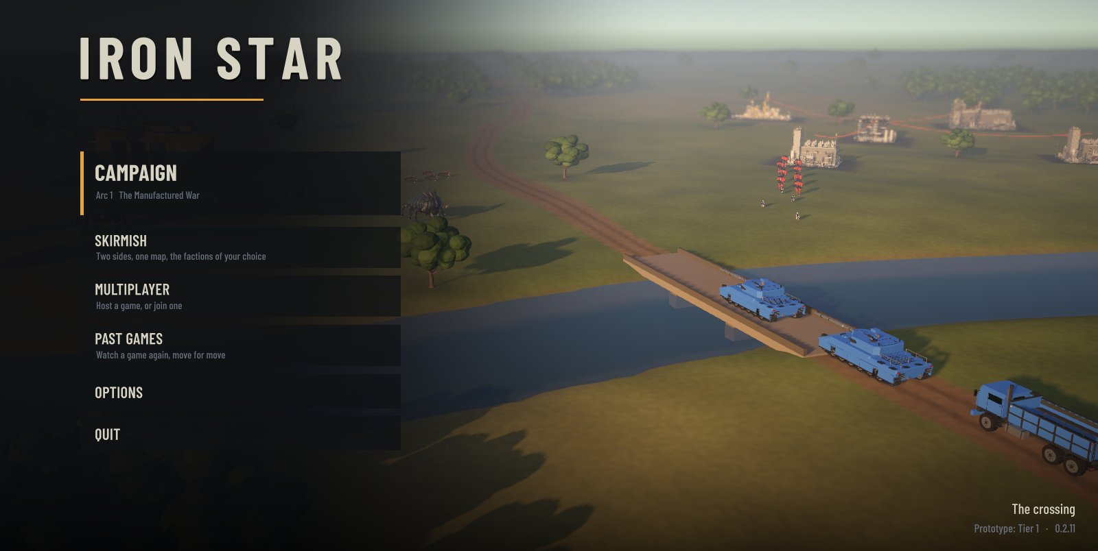 The main menu: the Iron Star title and its buttons down the left, over a live scene of a river crossing at dusk, human tanks crossing a bridge and a Cerebrate plant beyond